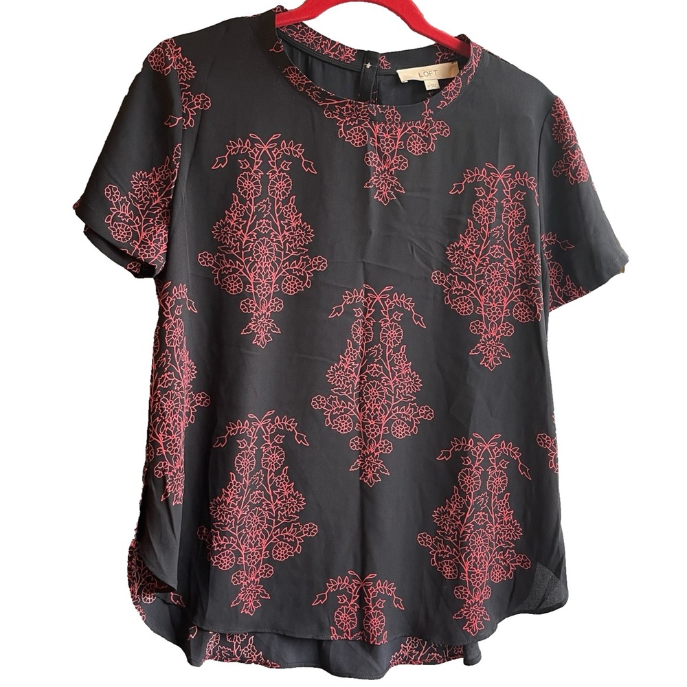 Ann Taylor LOFT Black Red Short Sleeve Blouse Loose Fit Boho Medallion Medium